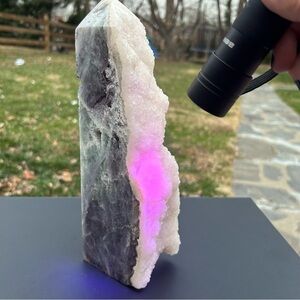 Huge 9.75” Fluorite Crystal Tower with white calcite-  turns pink in UV light